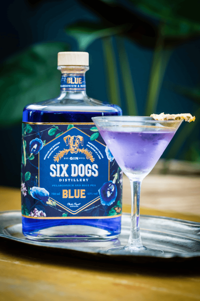 Bouteille de six dogs Blue avec coupe de cocktail