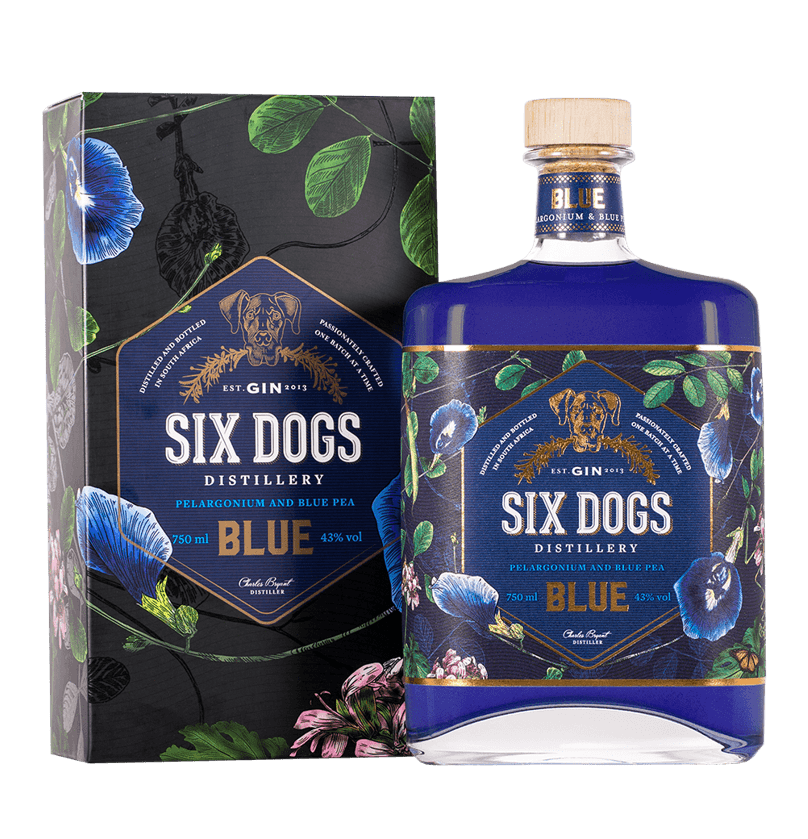 Bouteille de six dogs Blue avec son packaging